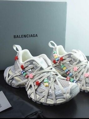 Balenciaga Beige and Gray Sneakers with Multicolor Bead Accents